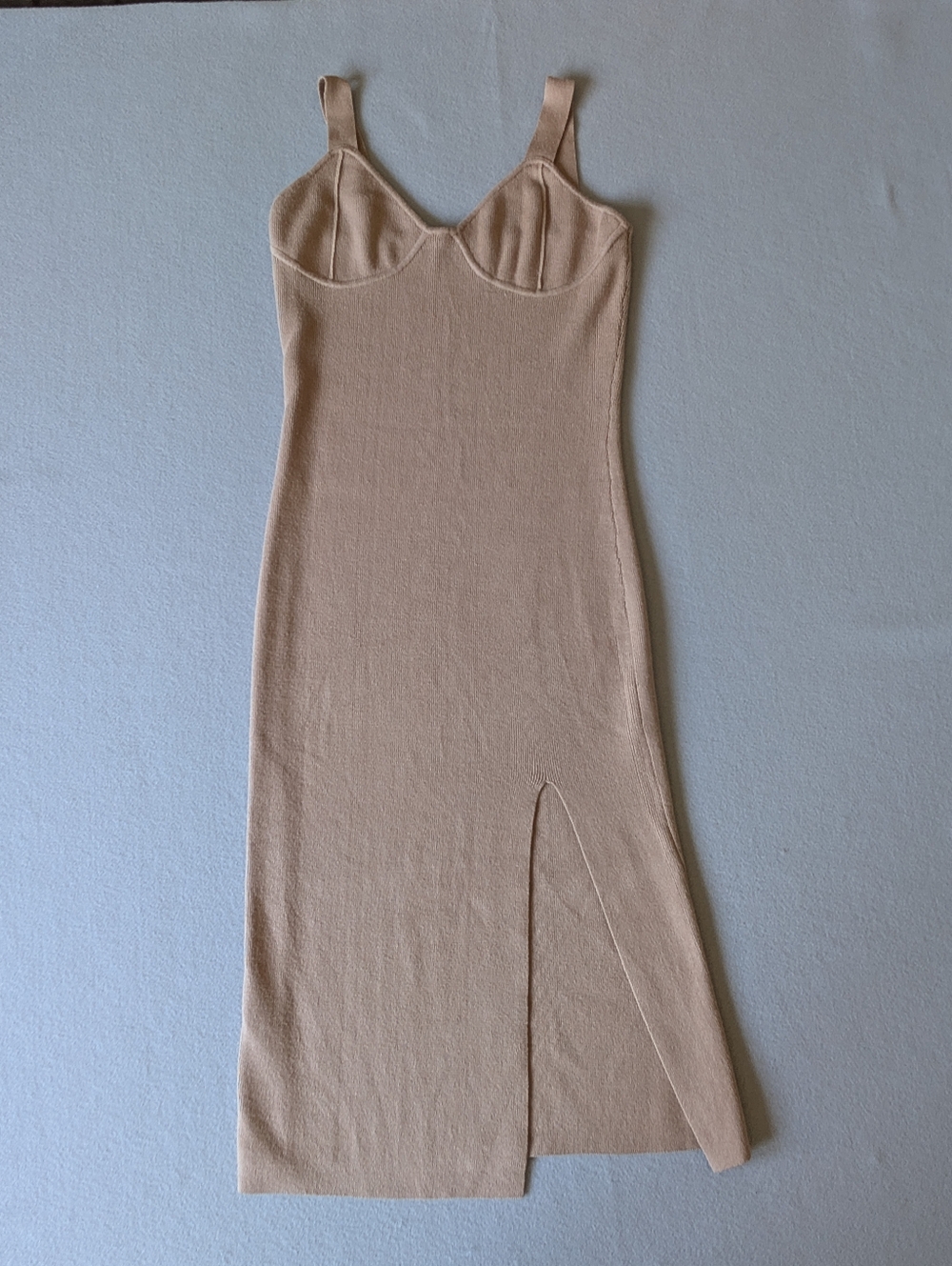 Tan Beige Midi Dress Sweater Bodycon Slit Sz M Minimal Glam Neutral Quiet Luxury